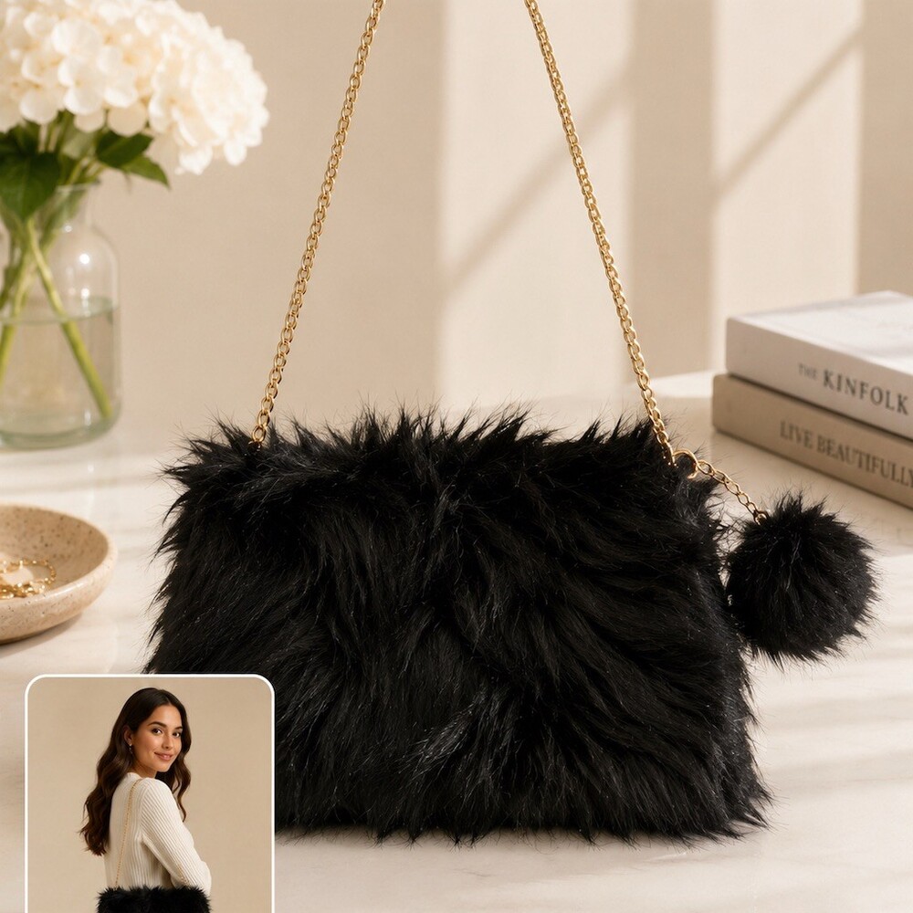 Jennifer K Shoulder Bag Womens Black Gold Chain Strap Detachable Pom Pom cute